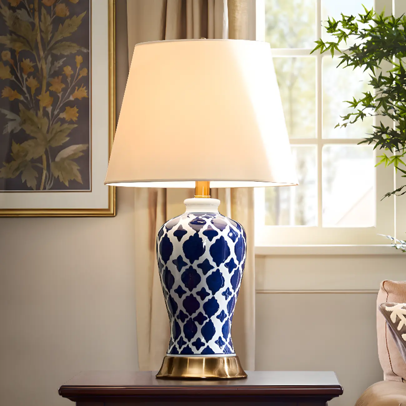 Elegant Ceramic Table Lamp with Geometric Fabric Shade