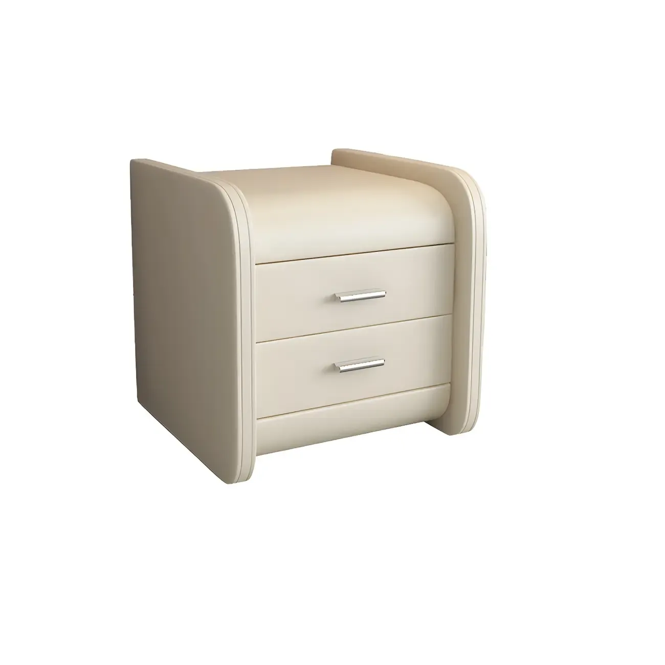 Modern Round Edge Nightstand with 2 Drawers in Beige Leather