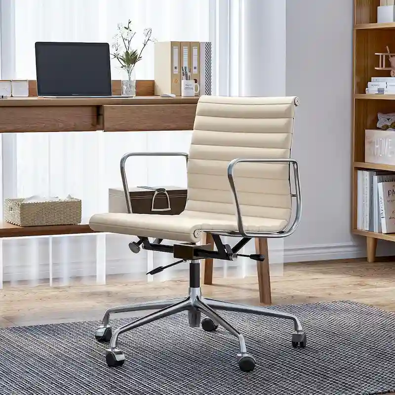 Low Back Genuine Leather Ergonomic Computer Ribbed Office Chair - N/A