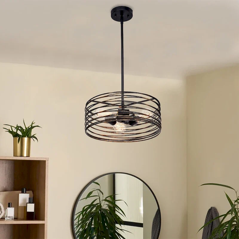 3-Light Black Round Iron Ceiling Lamp Chandelier with Black Ringed
