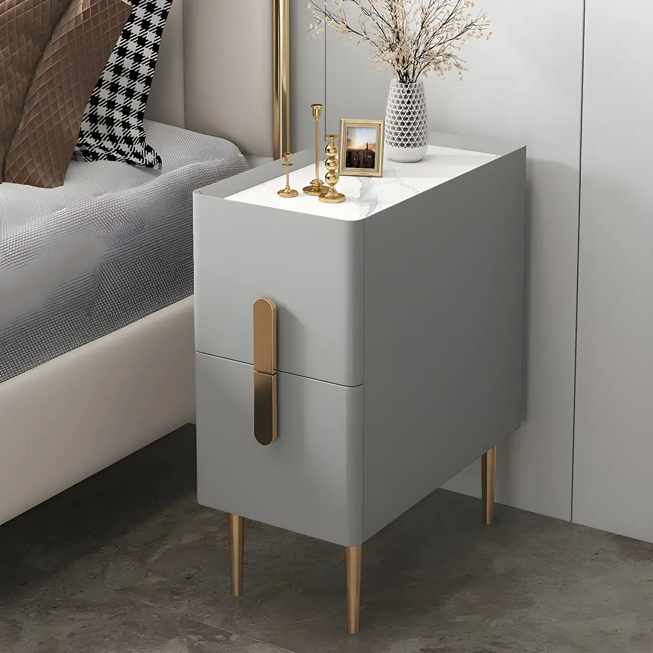 Modern Stone Countertop Faux Leather Nightstand with 2 Drawers