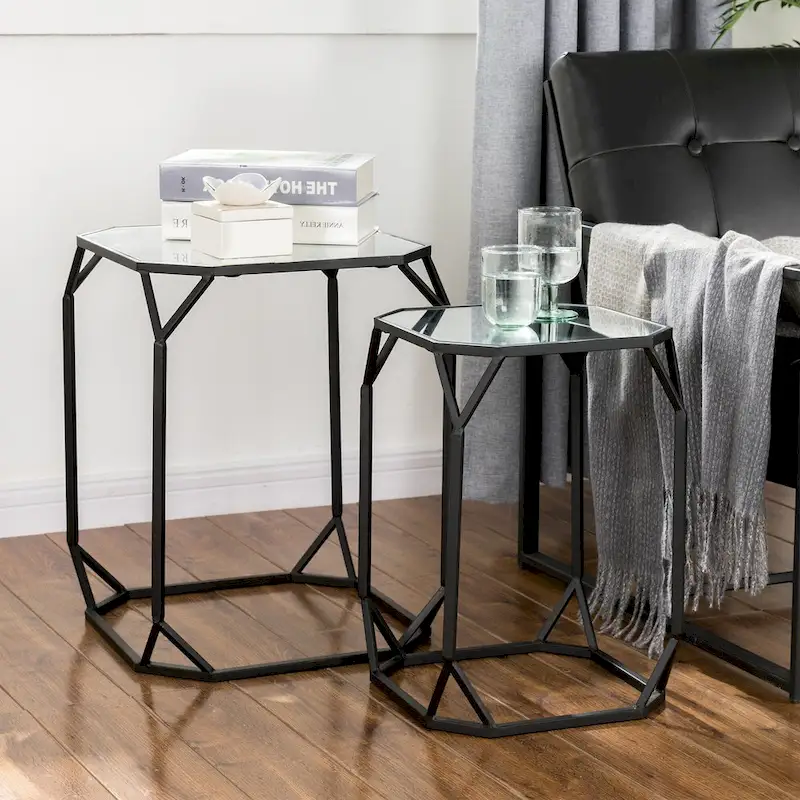 Glitzhome Set of 2 Glam Glass Modern Side Table Sofa Table