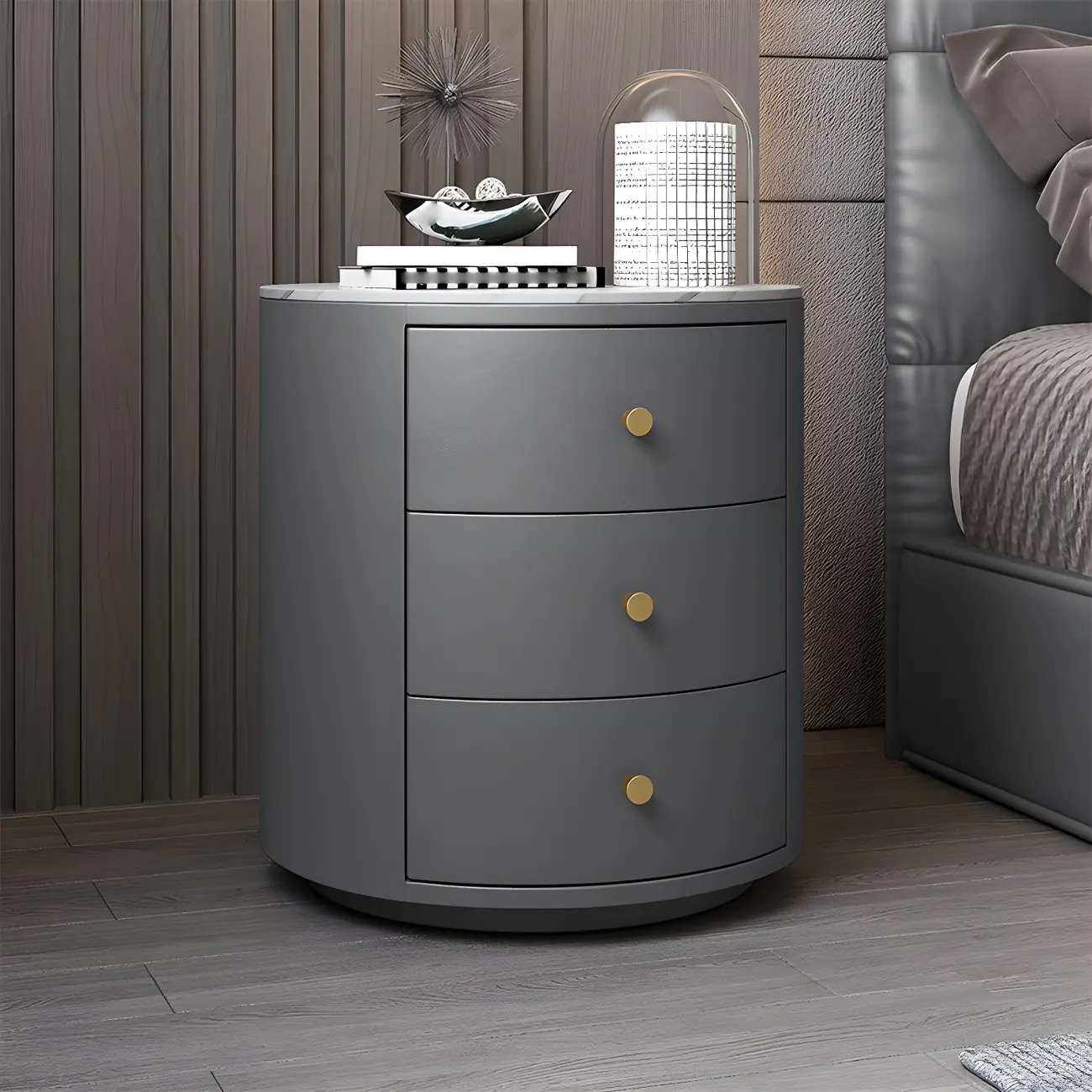 Modern Faux Leather Round Bedside Table with Two Drawers in Grey