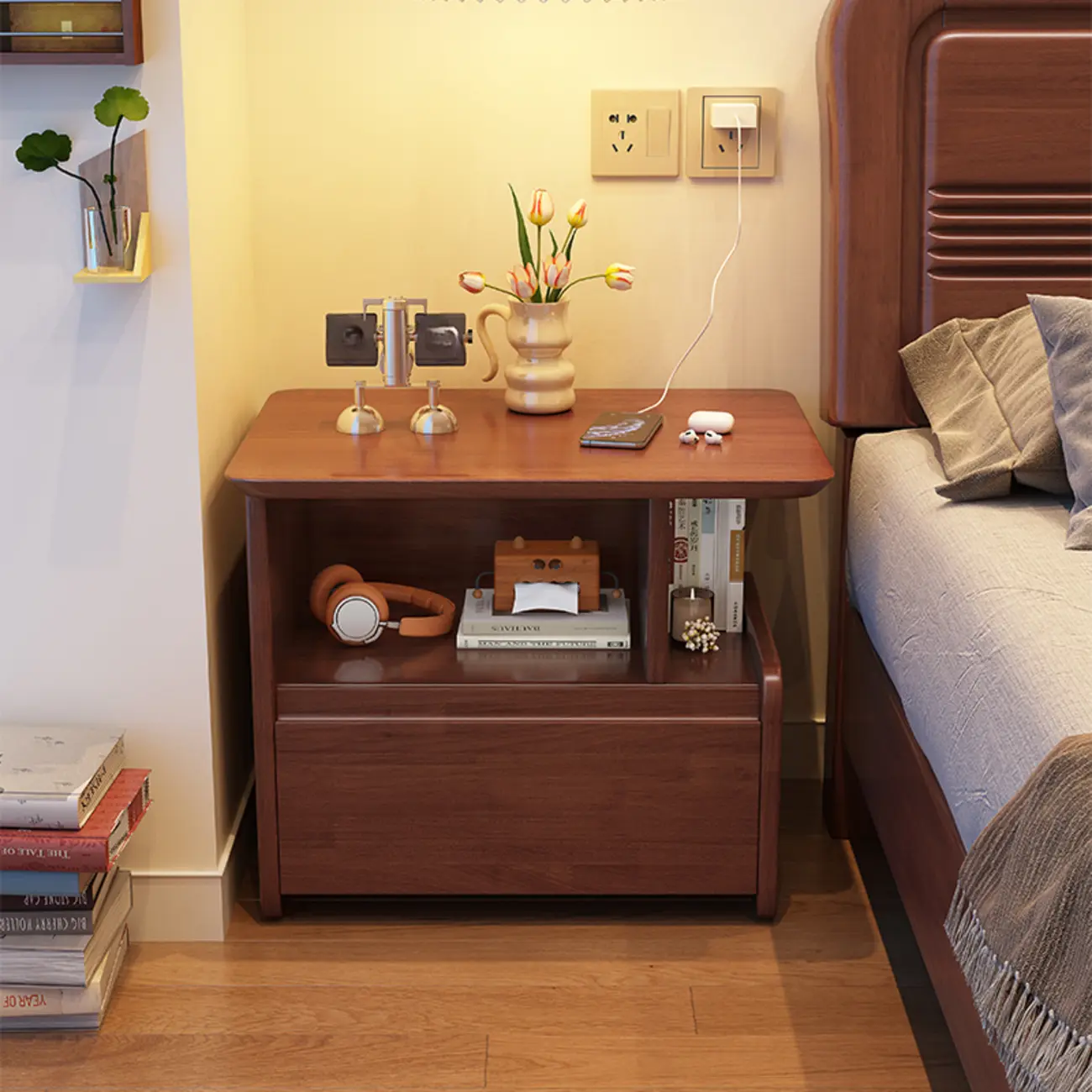 Classic Wooden Nut-Brown Nightstand with Drawer & Shelf