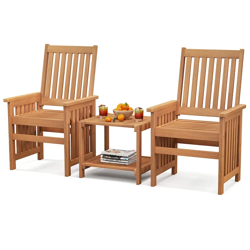 Gymax 3PCS Furniture Set w/ 1.5 Umbrella Hole Hardwood Table &