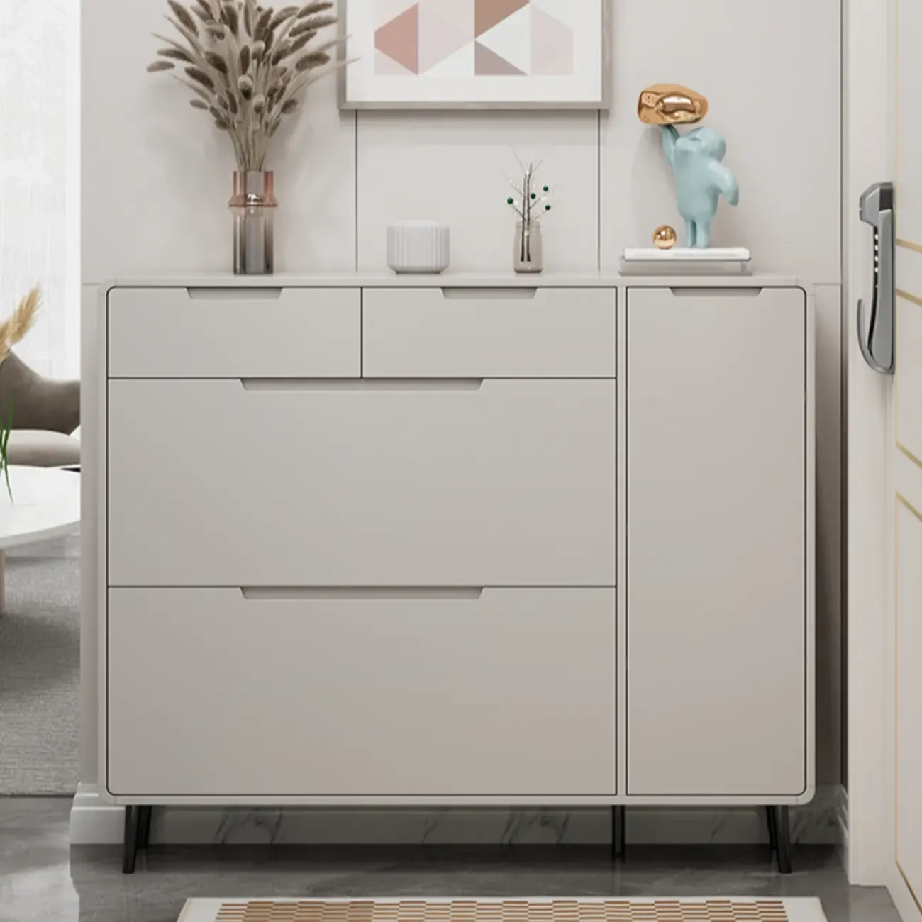 Drop-Front Beige Wood Entryway Shoe Cabinet with 2-Drawer