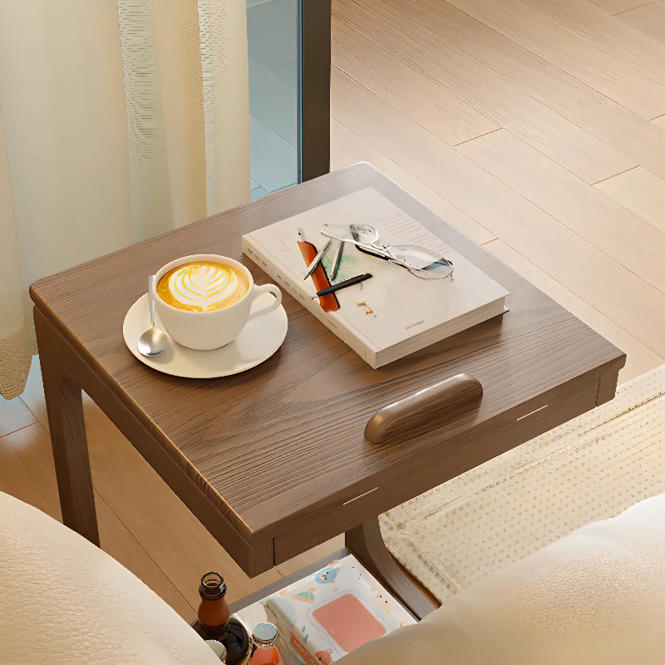 Scandinavian Wooden Flip-Top C-Shaped Side Table with Wheels