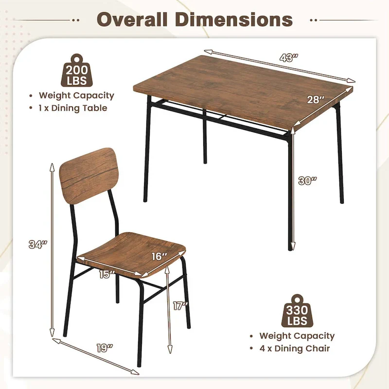 Costway 5 PCS Wood Square Kitchen Table & Chair Set with Metal Frame