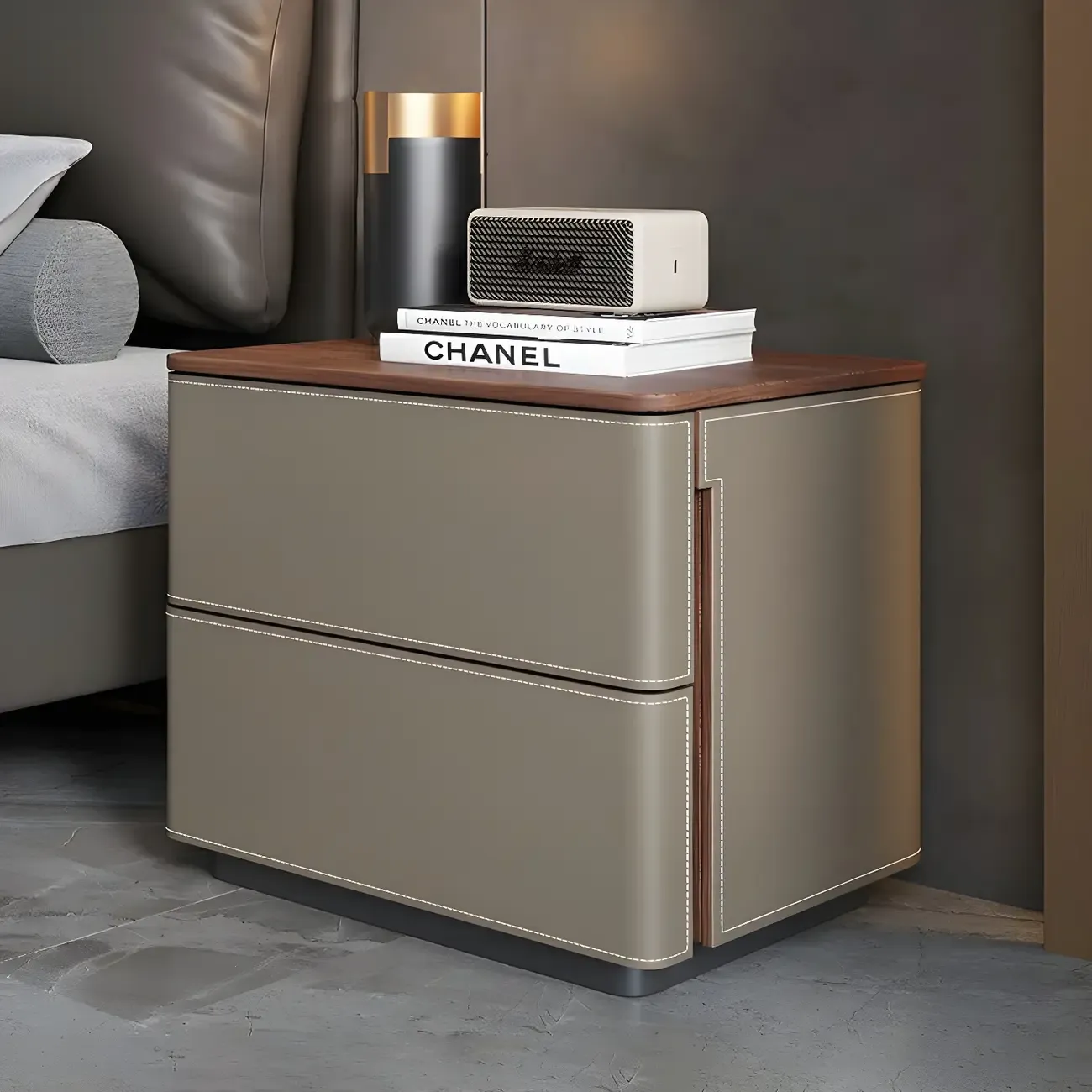 Modern Faux Leather Wood Top Drawers Nightstand