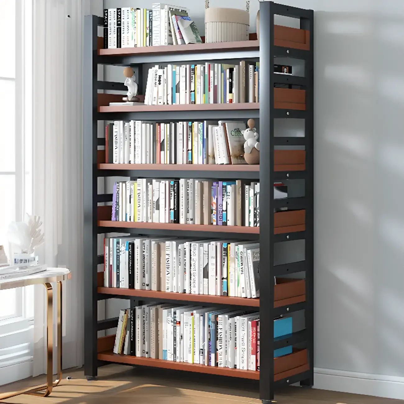 Freestanding Simple Multi-Layer Wood Bookshelf in Steel Frame