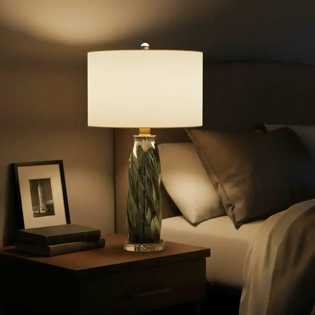 Modern Green Twisted Glass Table Lamp with Fabric Shade