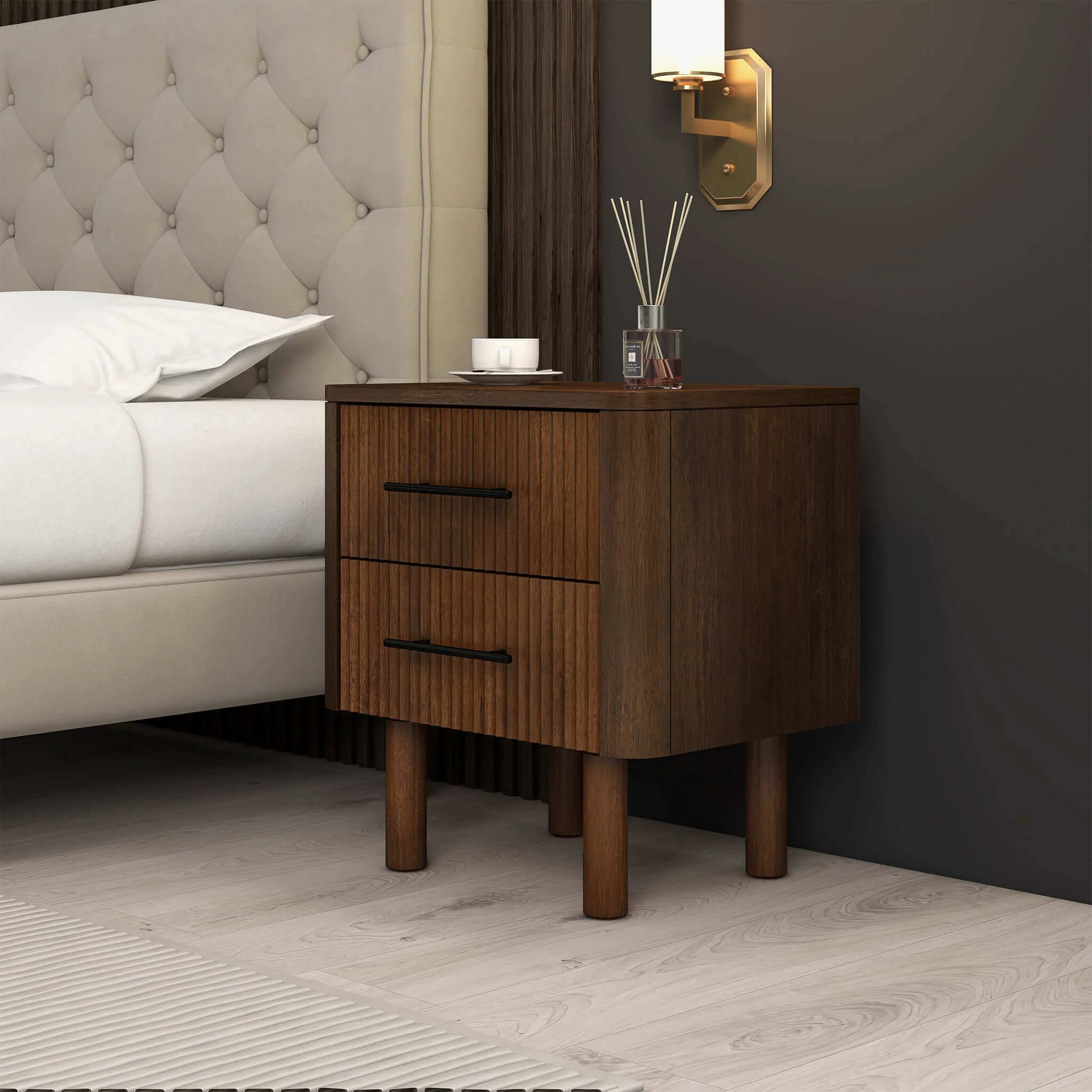Logan Mid Century Modern Reeded Nightstand with 2 Drawers