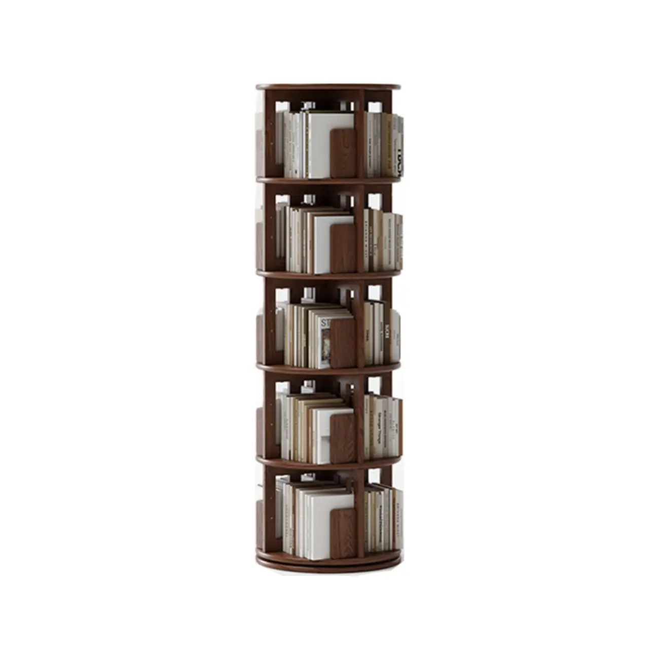 Narrow Cherry Wood Vertical 6 Shelf Rotating Bookshelf