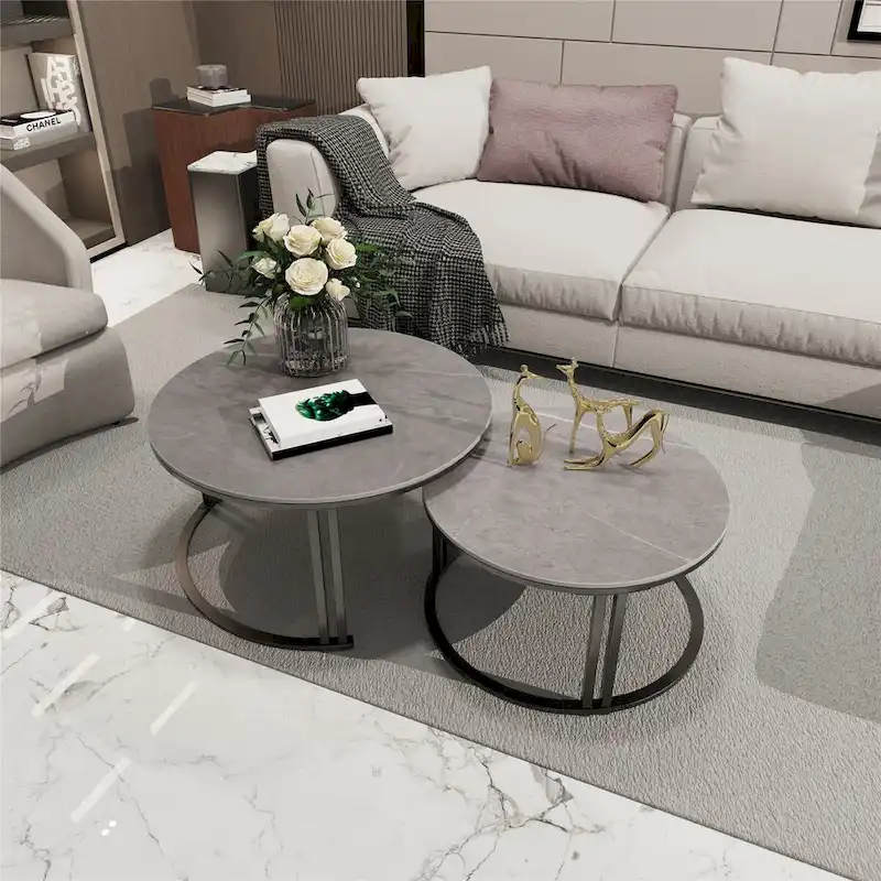 2 Pack Round Nested Coffee Table Sintered Stone-top Side Sofa Table