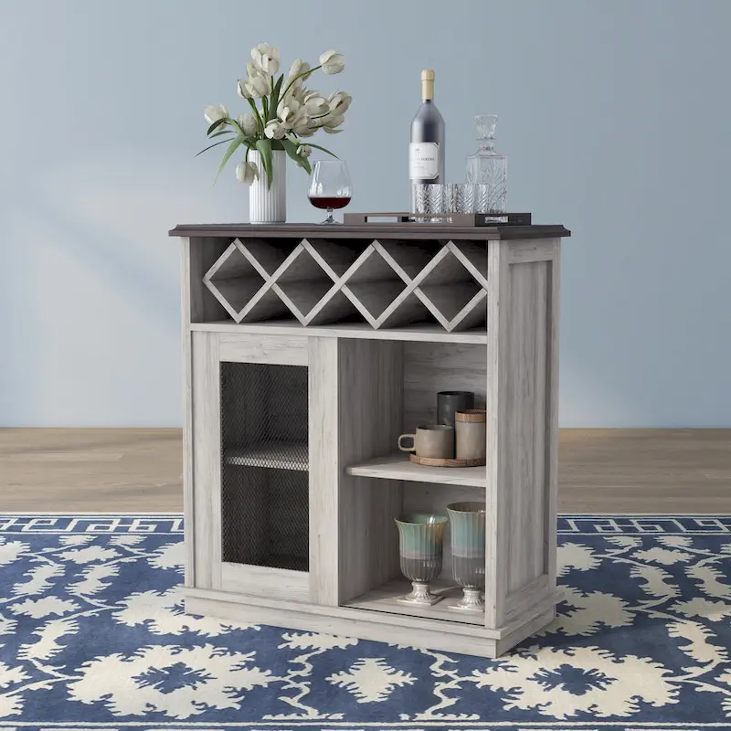 DH BASIC Farmhouse Four Shelf and Four Bottle Lattice-like Wine Buffet by Denhour