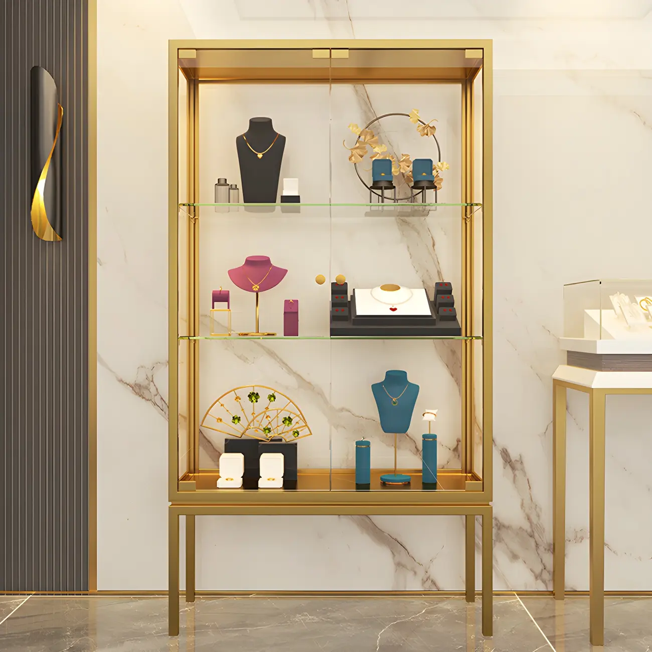 Glam Clear Glass Shelf Black Metal Frame Curio Cabinet