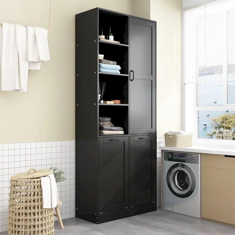 Sleek White Laundry Bathroom Cabinet with Unique Rotating Drawers