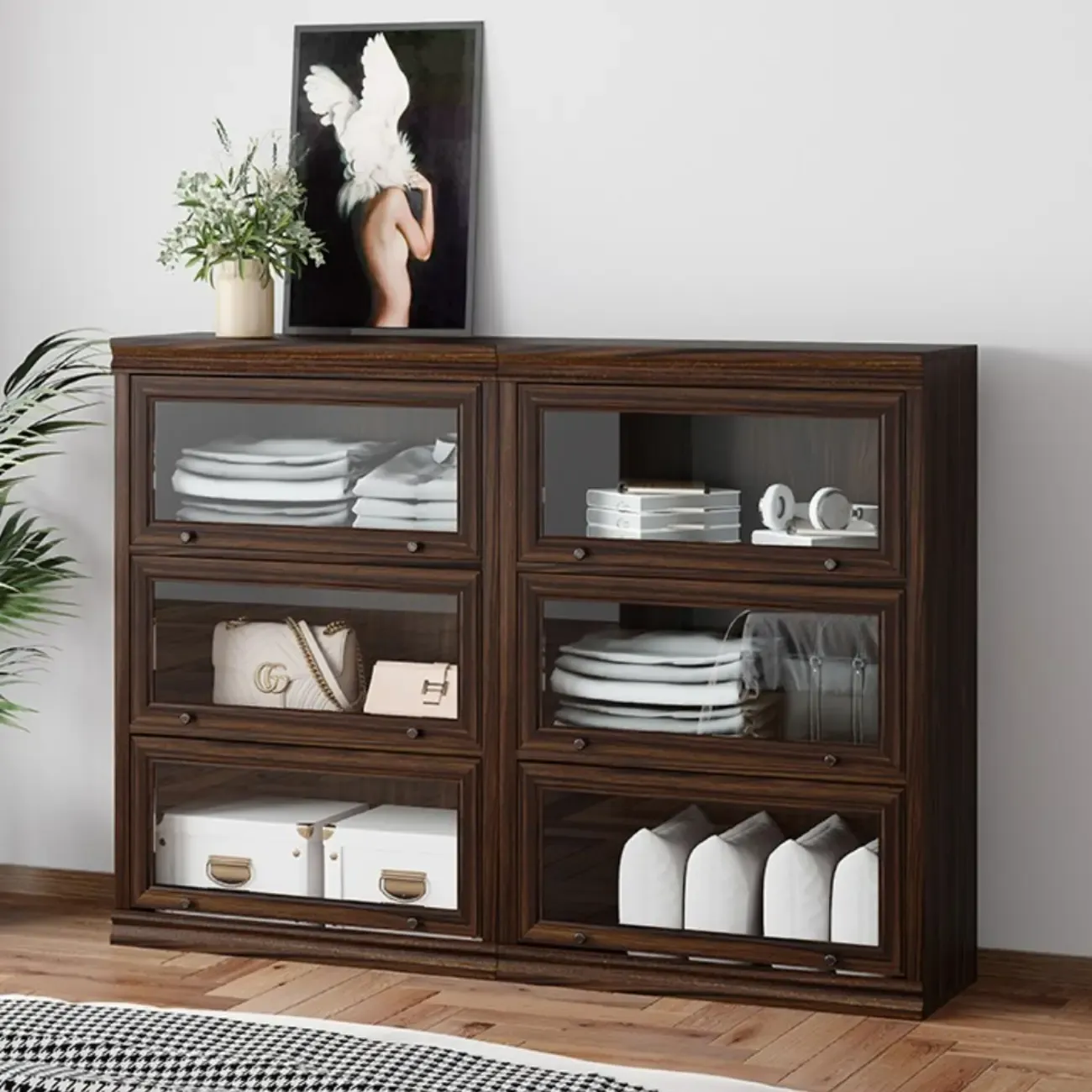 Mid-Century Modern Brown Wooden Glass Paned Storage Chest