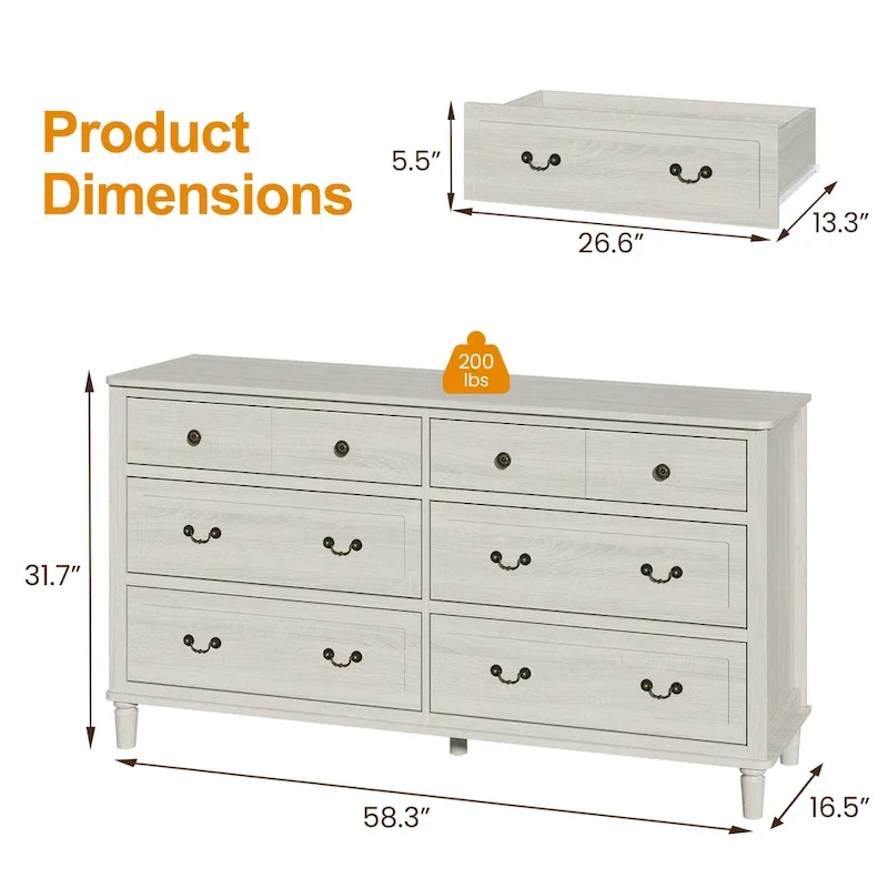 Extra Large 6 Drawer Dresser, Light Grey