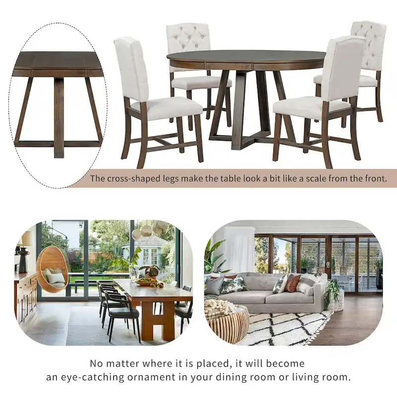 5 Piece Extendable Round Dining Table Set, Wooden Kitchen Furniture Set with Removable Leaf and 4 Upholstered Chairs