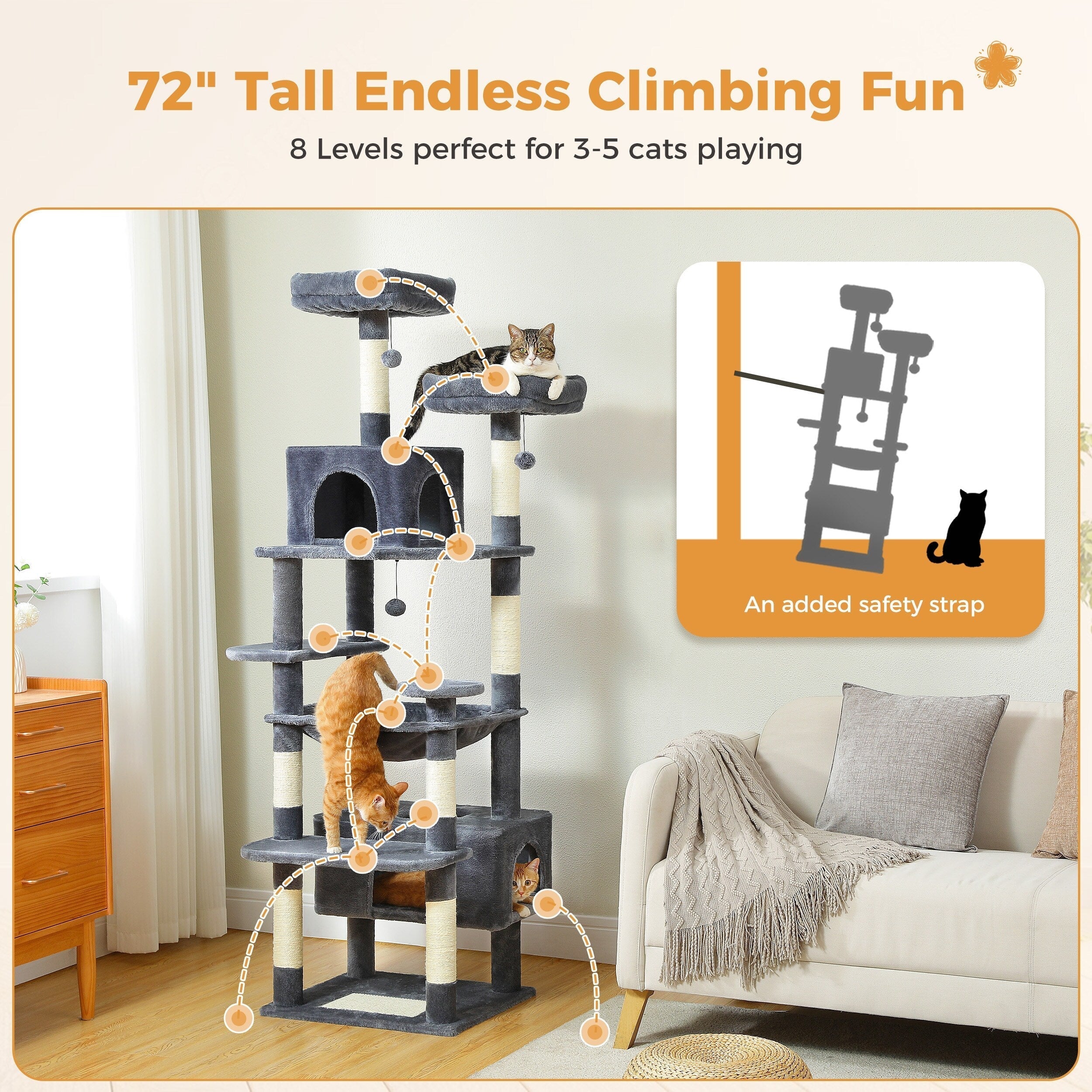 Large Cat Tower Cat Condo with Scratching Posts and Pads, 2 Padded Perch, Dual Condo and Basket