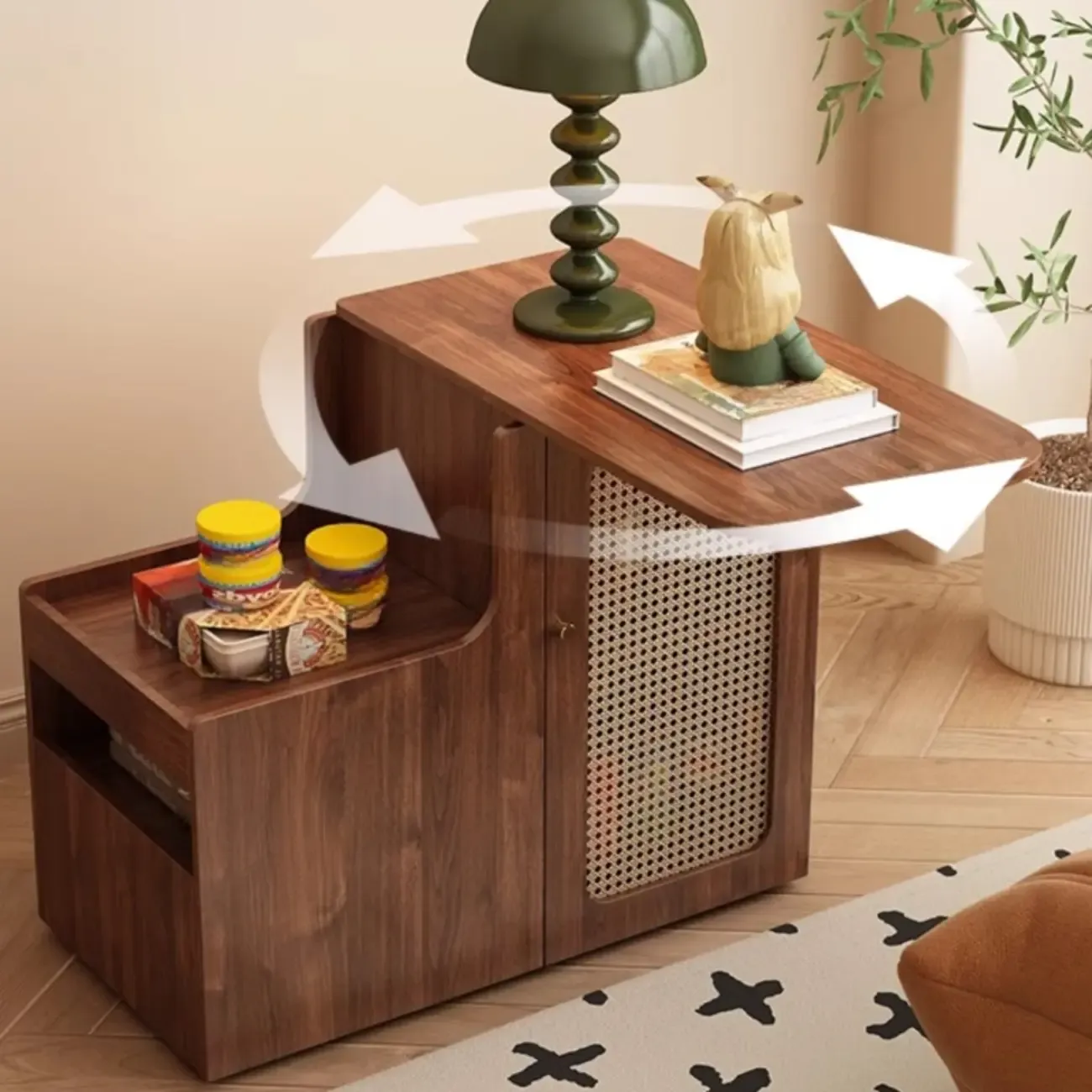 Rotating Brown Wood Rectangle Wheeled Side Table with Drawer