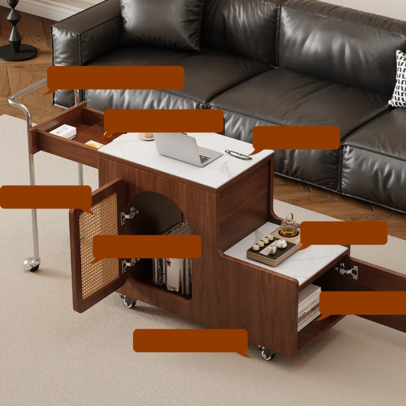 Multifunctional Sintered Stone Top Wheeled Cart Side Table