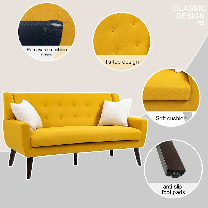 Modern Curved 63 Button Tufted Upholstered Loveseat with 2 Pillows