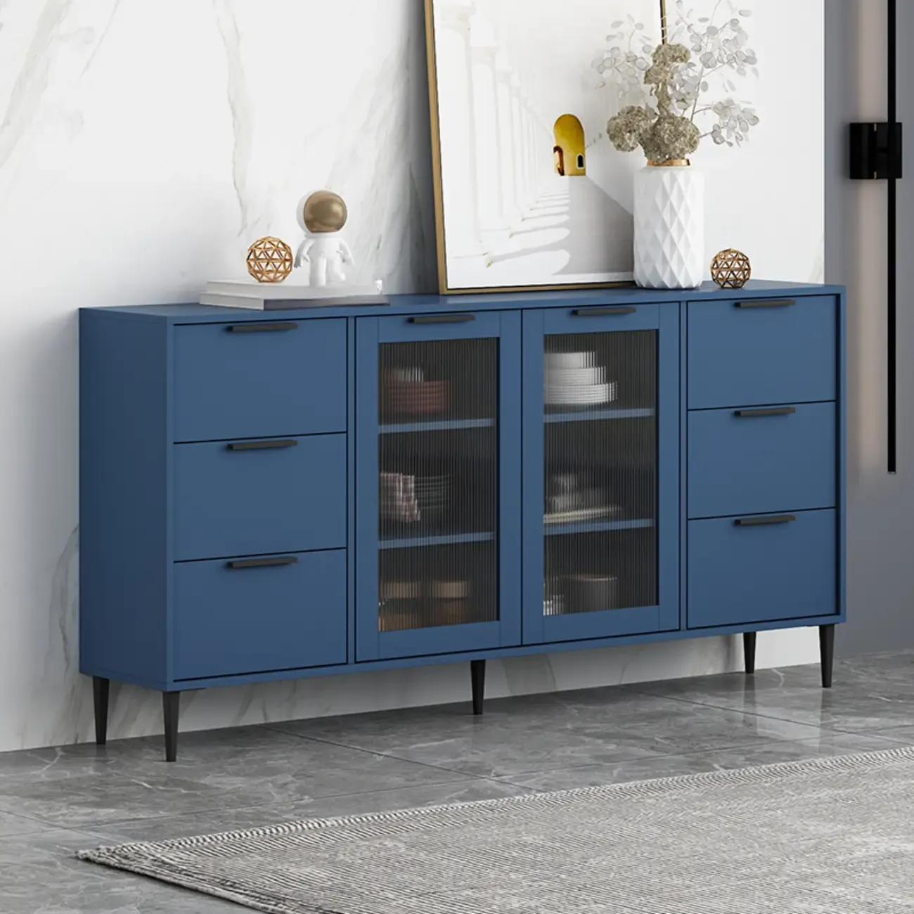 Modern Wooden Sideboard with Glass Doors & Drawers