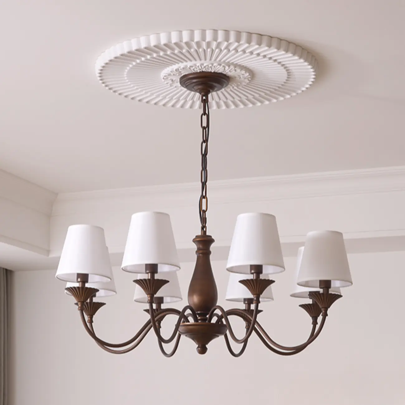 Traditional Brown Metal Fabric Barrel 8 Lights Chandelier