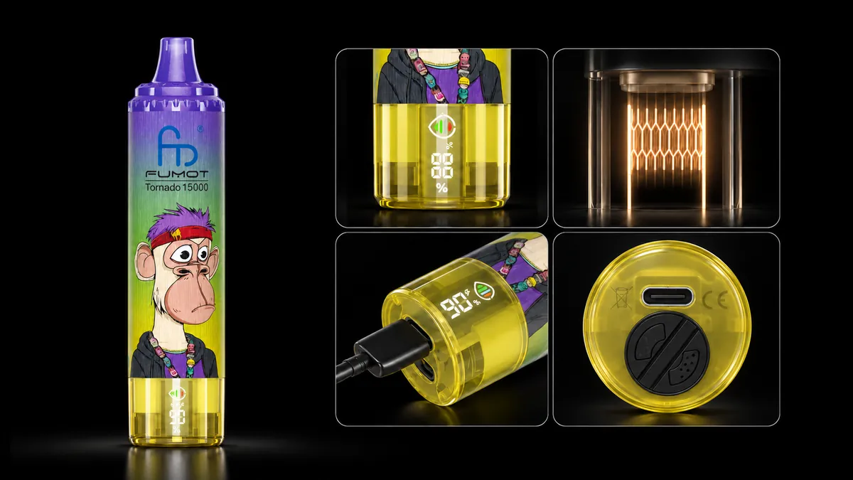 FUMOT Tornado 15000 Huckleberry – Detailansichten von Display, Heizsystem, USB-C-Anschluss und Luftregulierung