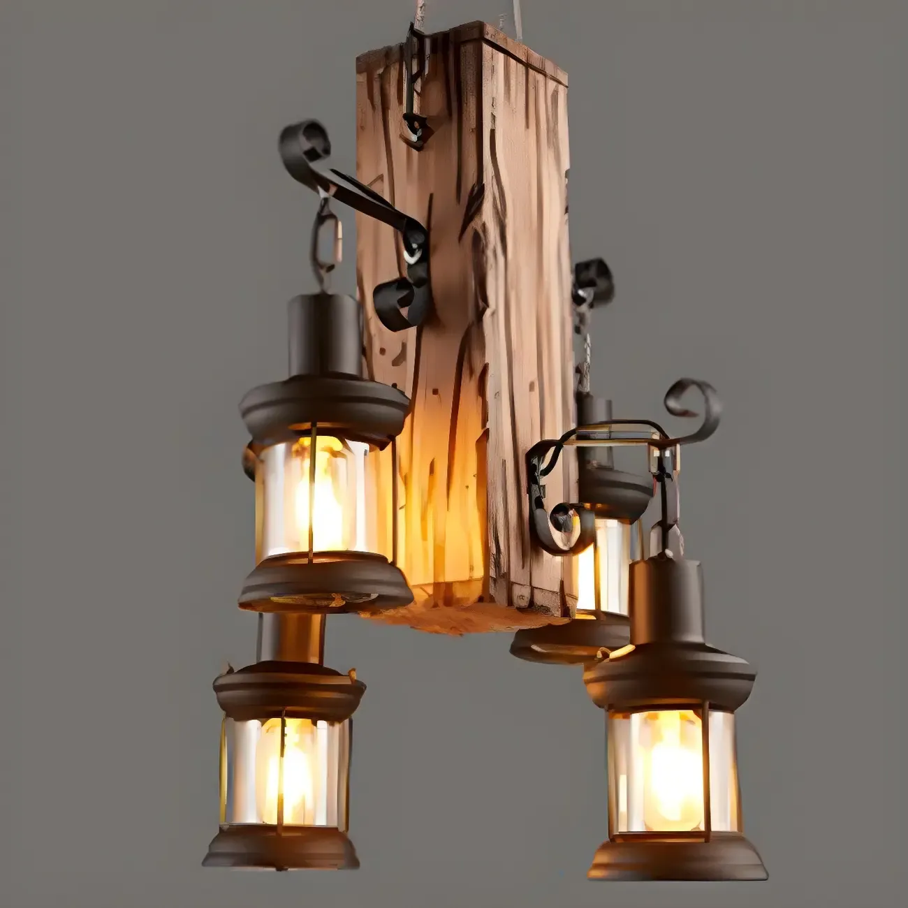 Industrial Farmhouse Metal Wood Rectangular Chandelier