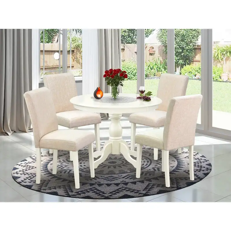 East West Furniture 5 Piece Dinette Set- a Round Dining Table and 4 Parson Dining Chairs, (Finish & Upholstered Option)