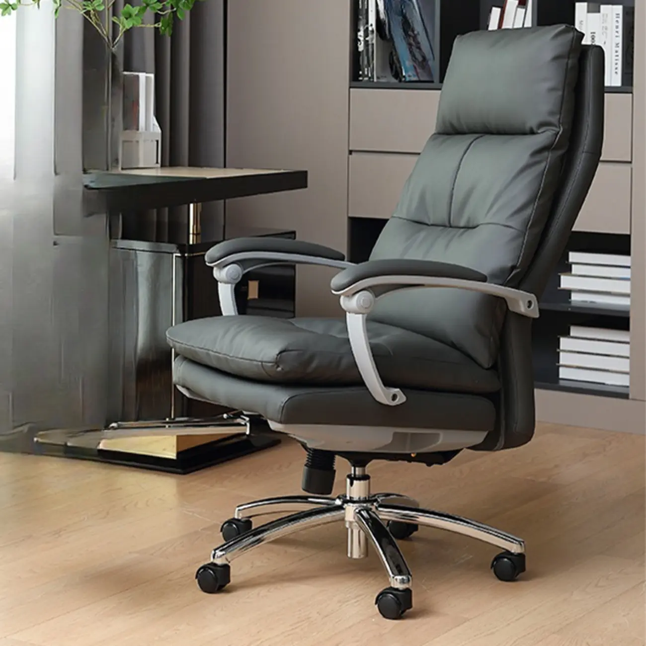 Upholstered Brown Leather Adjustable Swivel Office Chair