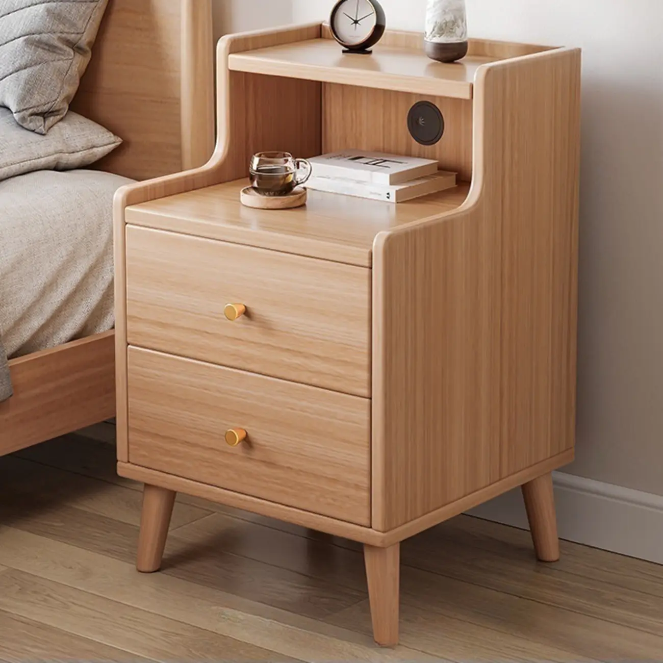 Natural Wood Scandinavian 2-Drawers Narrow Nightstand