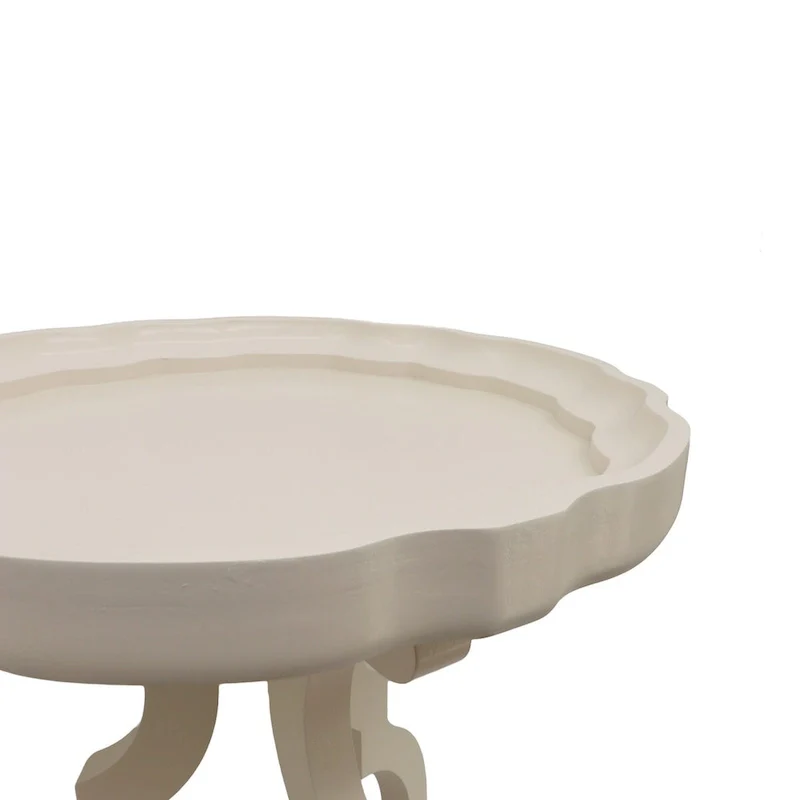 French Country Wood Side Table with Scalloped Edge Tray Top and Curved Legs