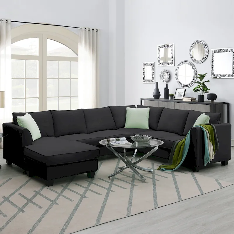 112*87 Sectional Sofa Couches Living Room Sets 7 Seats Modular Sectional Sofa with 3 Pillows, Black