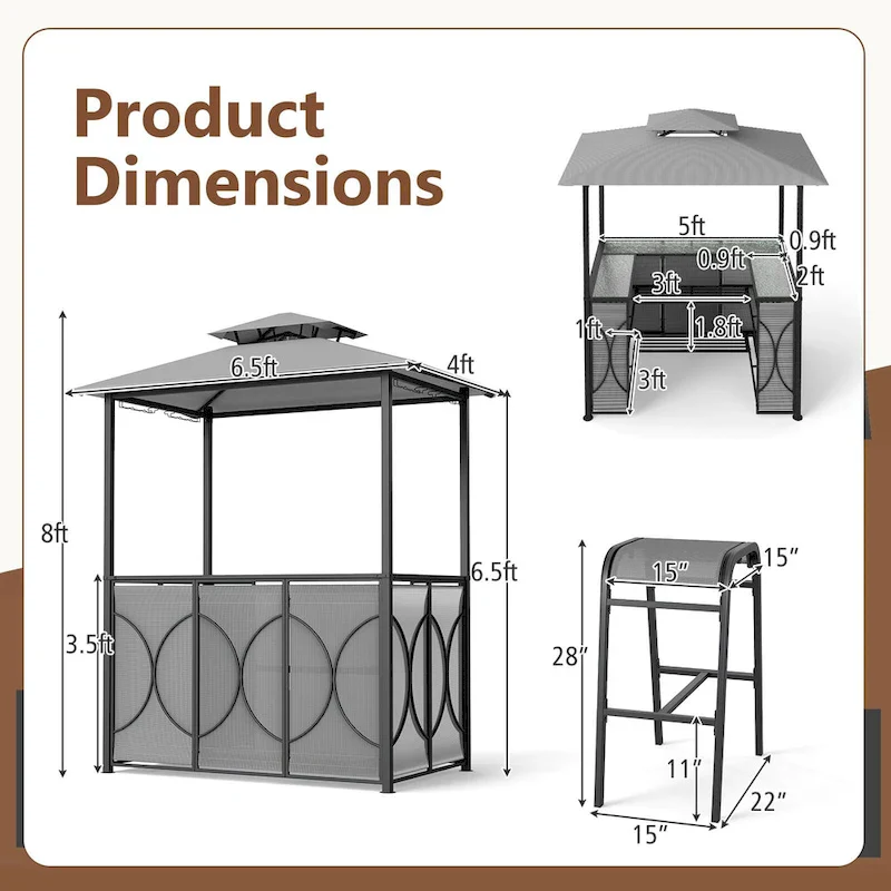 Costway 6.5 x 4 x 8 FT Grill Gazebo Set with 2 Bar Stools, Tempered - See Details