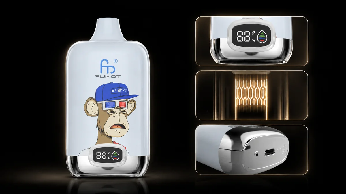 Fumot Digital Box 12000 Cool Mint Vape Funktionsdetails mit Display, Mesh Coil und Ladeanschluss