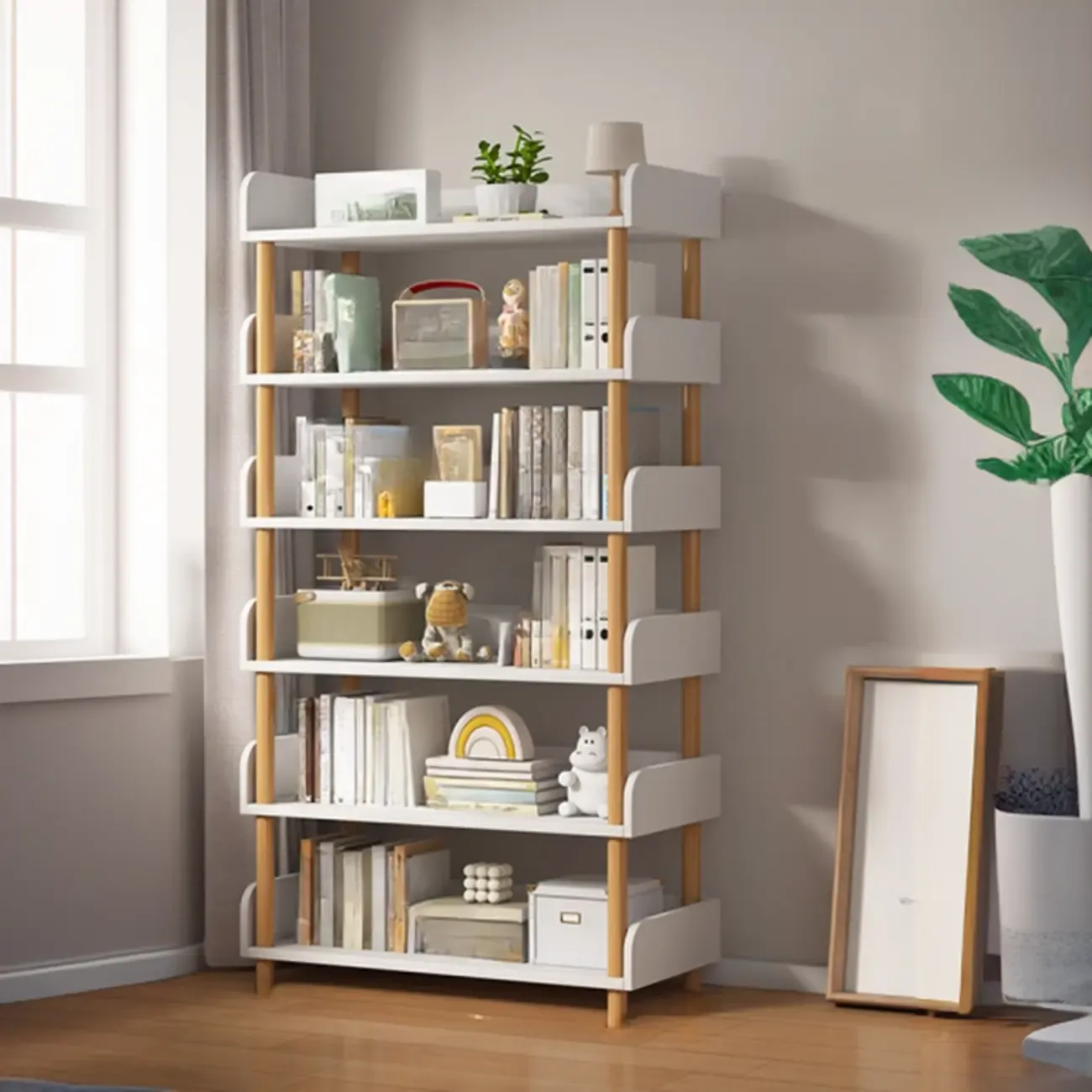 Vertical Natural Multi-Shelf Open Back Wood Bookcase