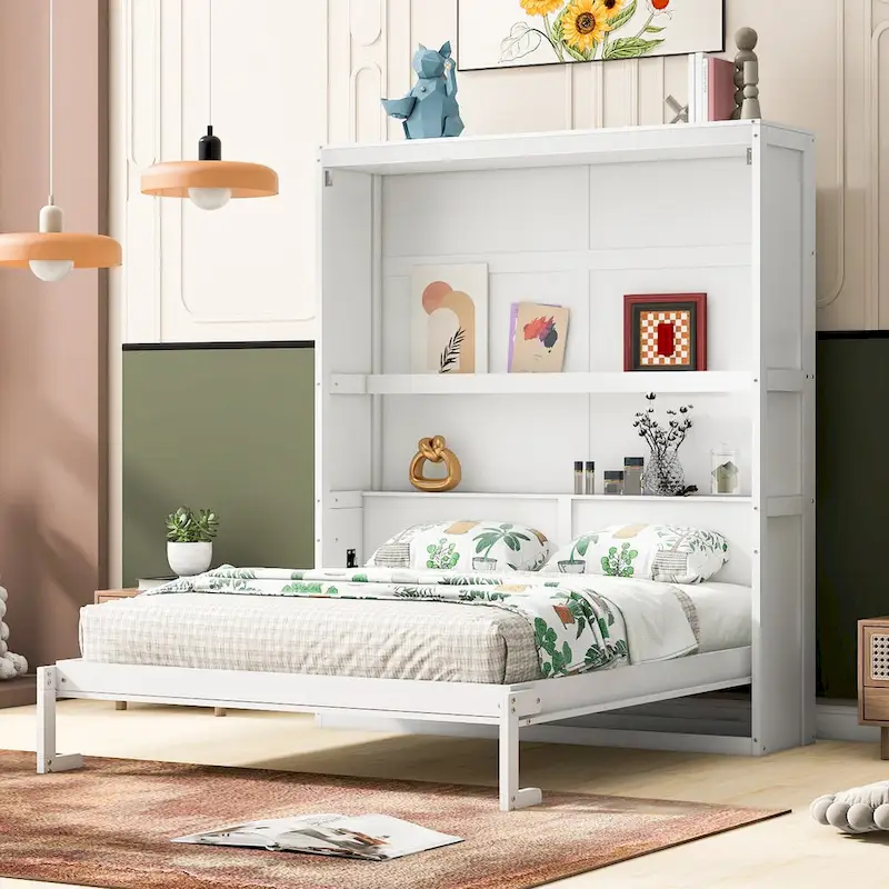 Queen Size Murphy Wall Storage Shelves,Hide Away Bed Frame Easily Folds into Wood Cabinet,W/Mattress Holder