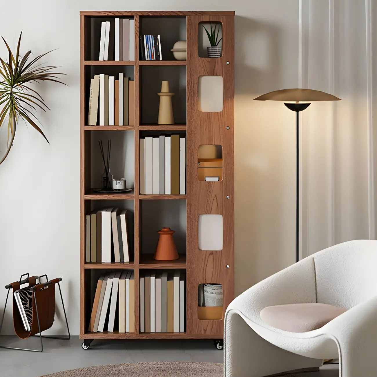 Mid-Century Nut-Brown Wood 5-Tier Bookcase on Wheels