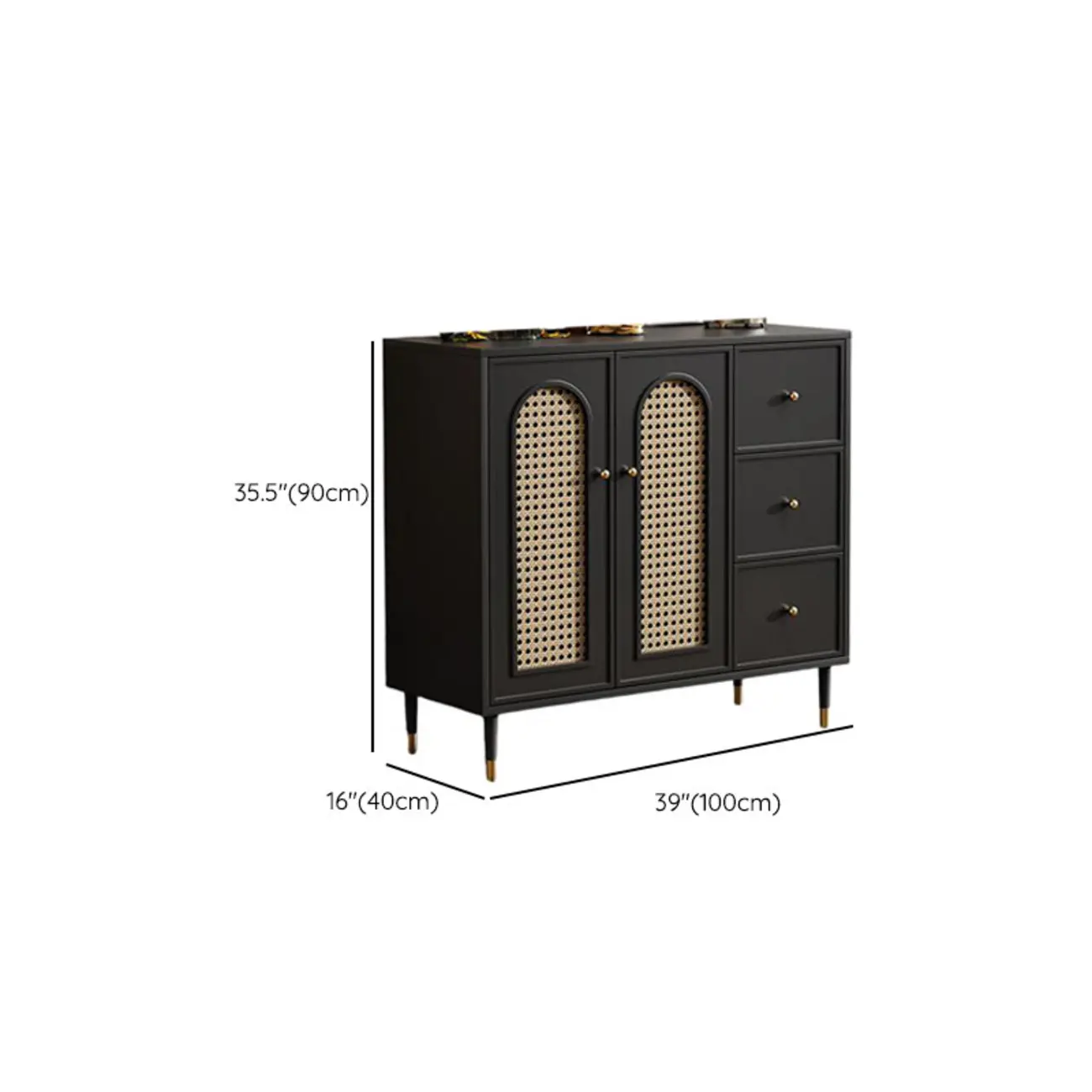 Traditional 3-Layer Rattan Wooden Black Sideboard Cabinet