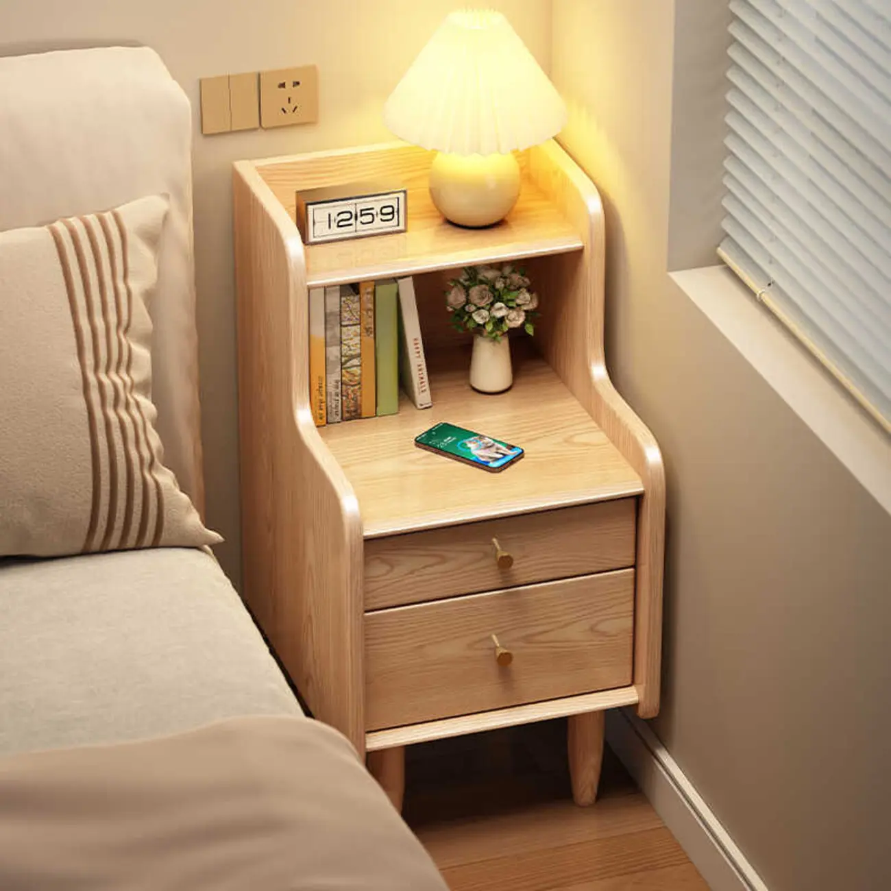 Tall Nut-Brown Wood Beside Nightstand with Drawers