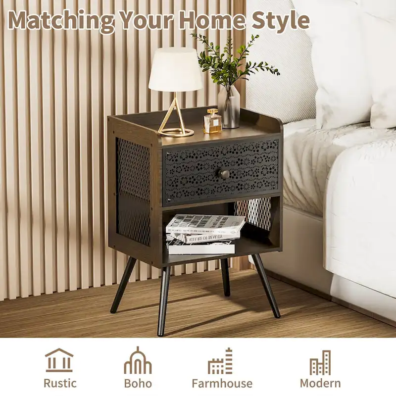 Wooden Bedside Table With Metal Legs Nightstand Set Of 2