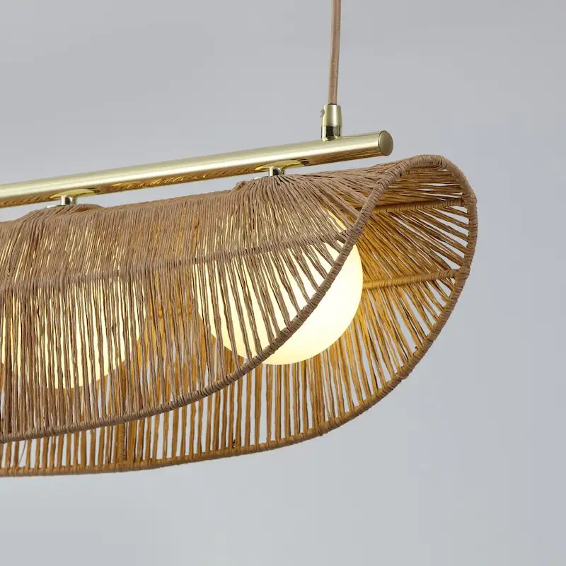 Sovev 3-Light Brass Bohemia Dimmable Linear Globe Pendant Light with Frosted Glass Rattan Shade