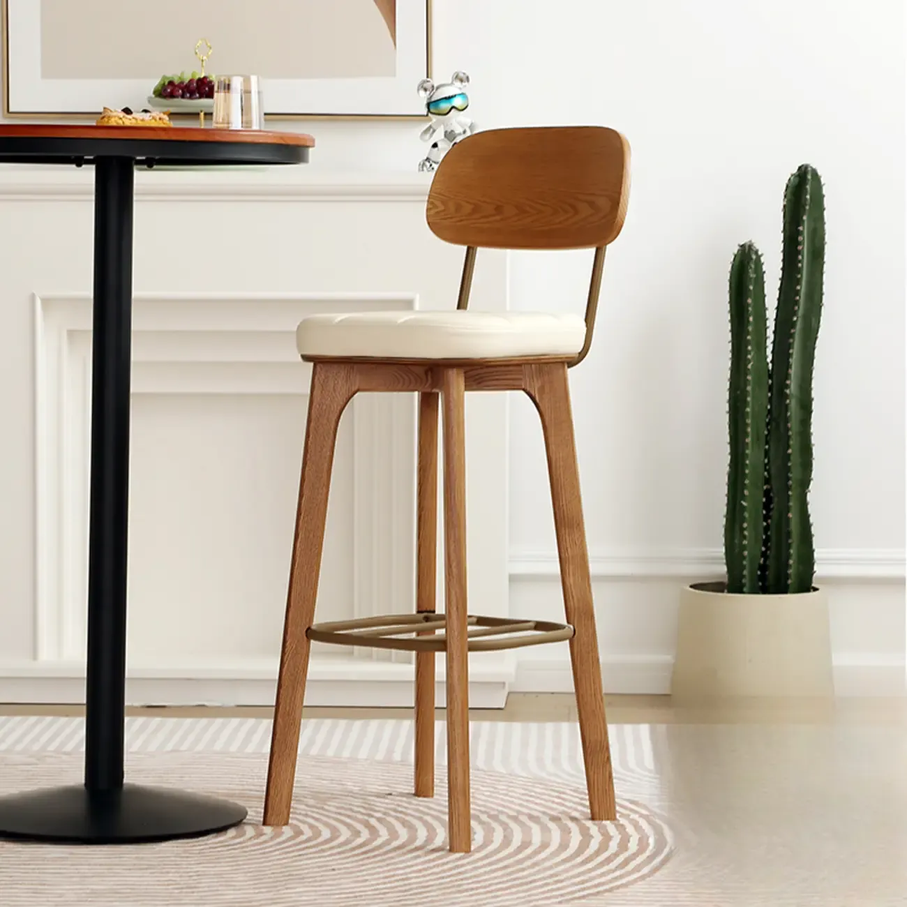 Wooden Square Leather Upholstered Bar Stool with Backrest