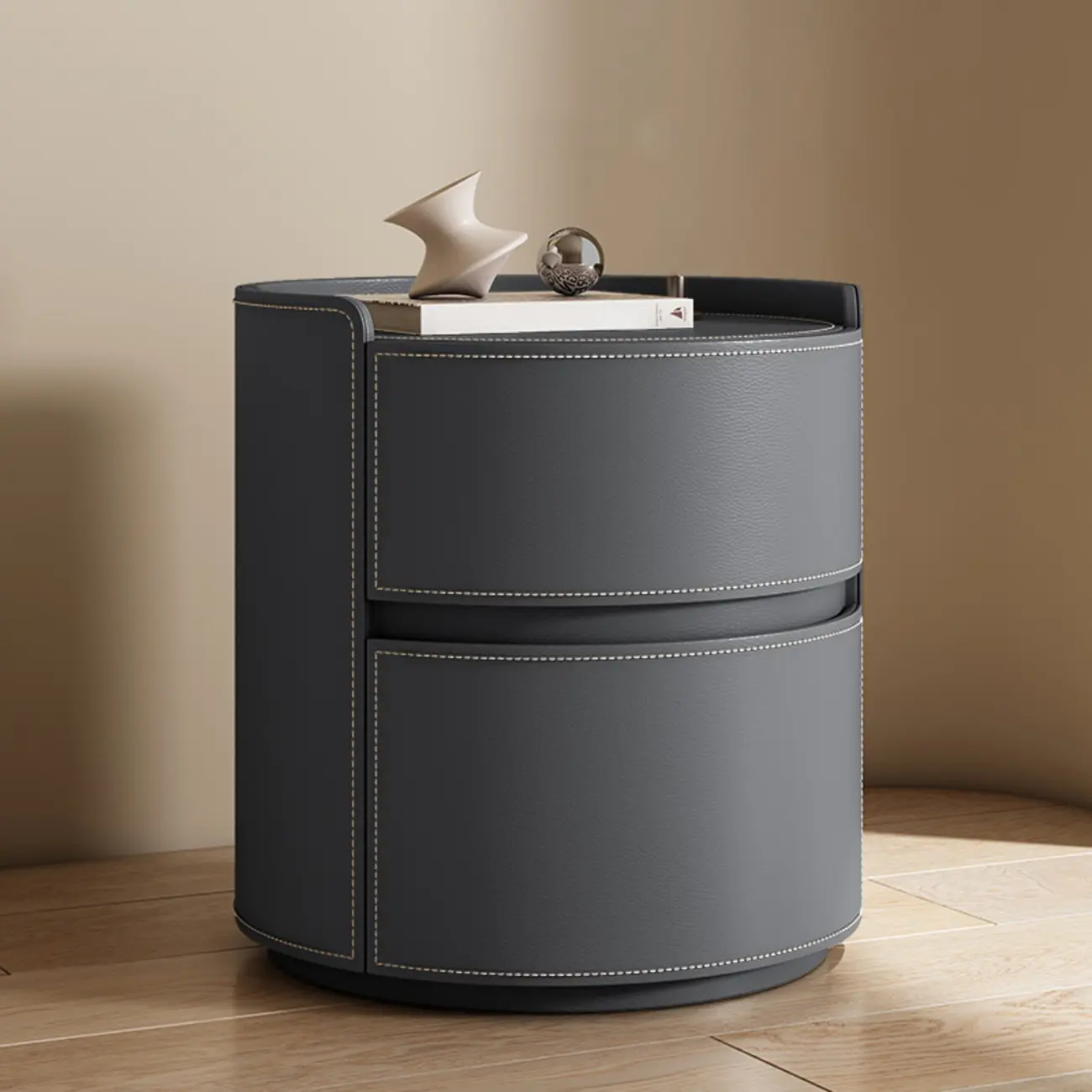 Modern Leather Tray Round 2-Drawer Nightstand