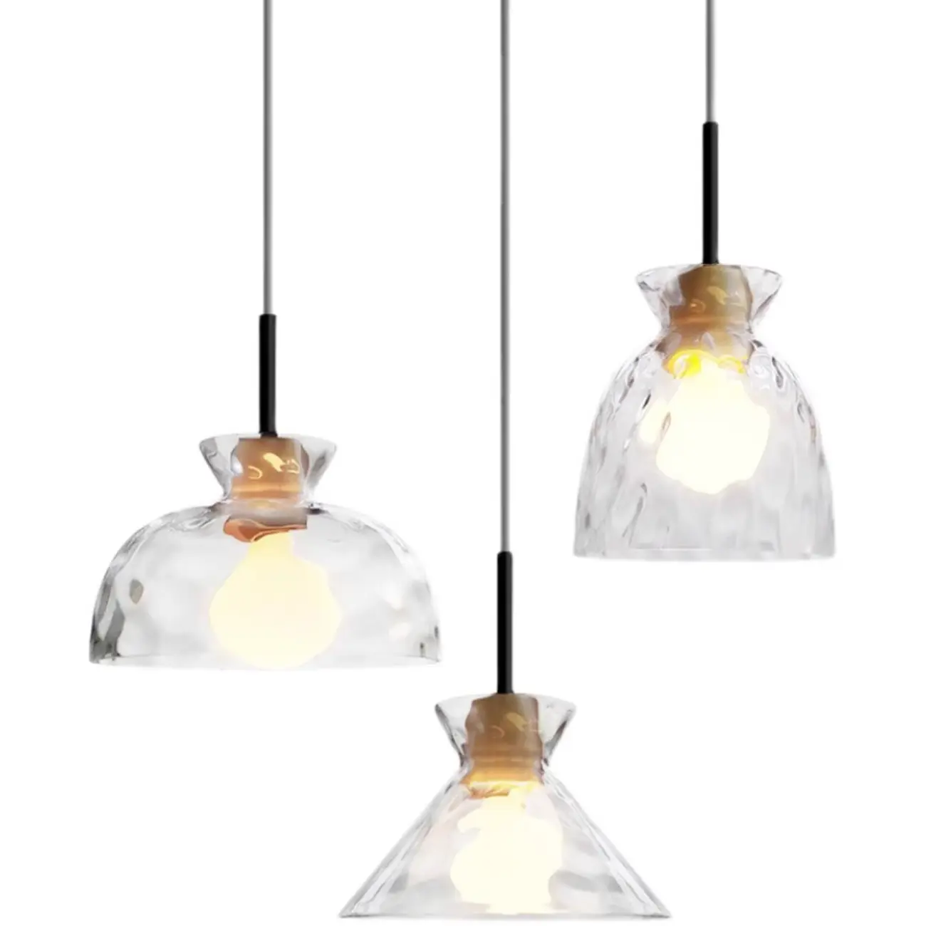 Modern Clear Textured Glass Wood Pendant Light