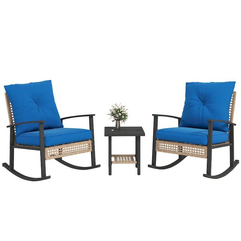 Outsunny 3 Piece Patio Bistro Set, Wicker Furniture Set with Button Tufted Cushions, Rattan Rocking Chairs and Coffee Table